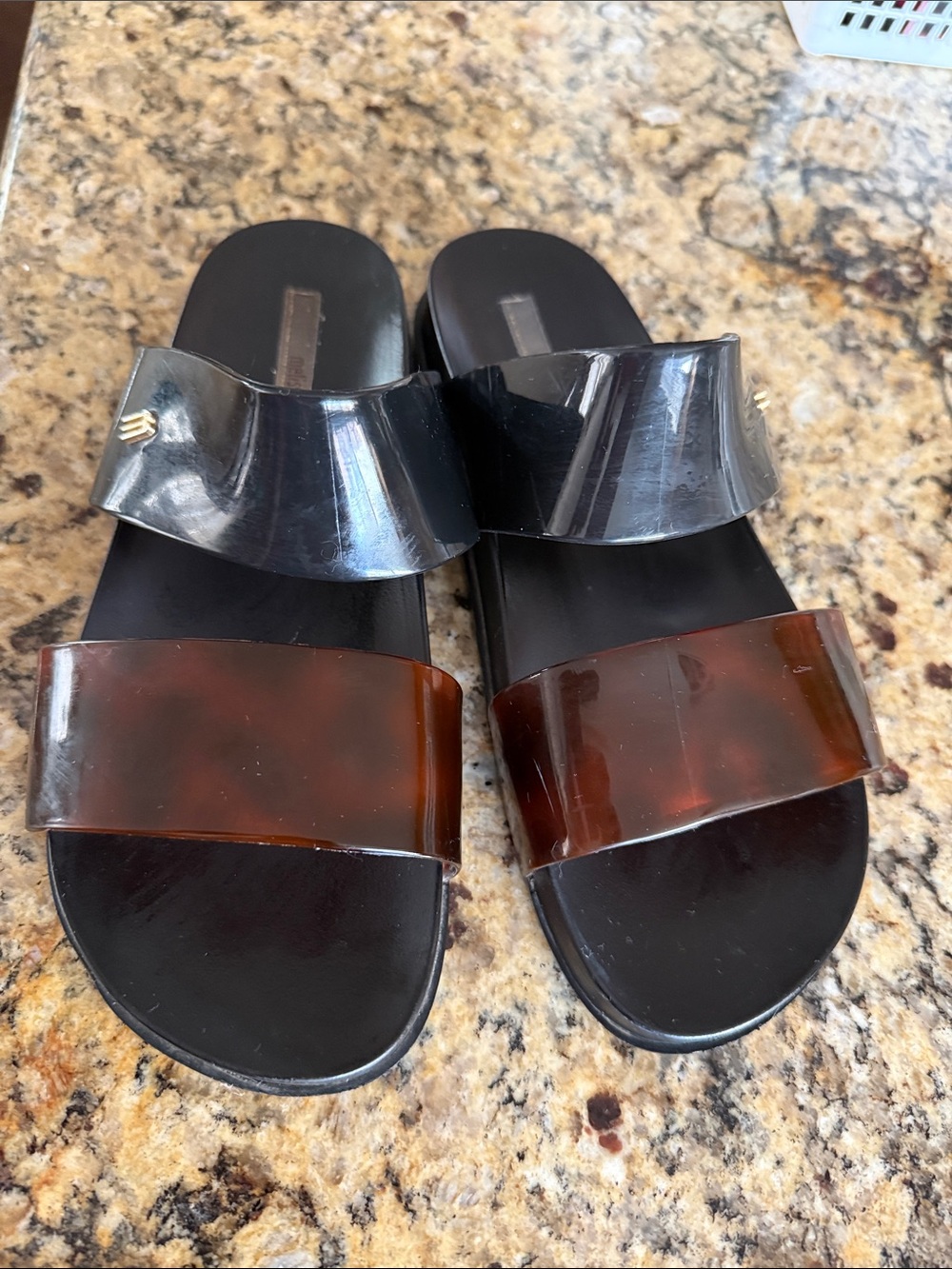 Melissa Women’s Double-Band Slide Sandals in Black and Brown Translucent